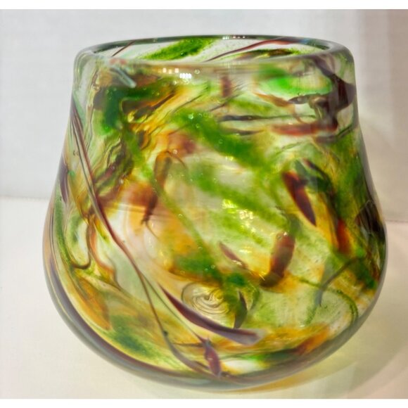 Handblown Art Glass Candle Holder Green Amber Swirl Unique Pair - Picture 3 of 6